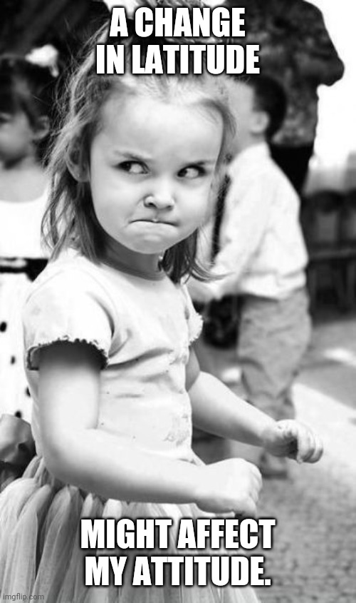 Angry Toddler Meme | A CHANGE IN LATITUDE; MIGHT AFFECT MY ATTITUDE. | image tagged in memes,angry toddler | made w/ Imgflip meme maker