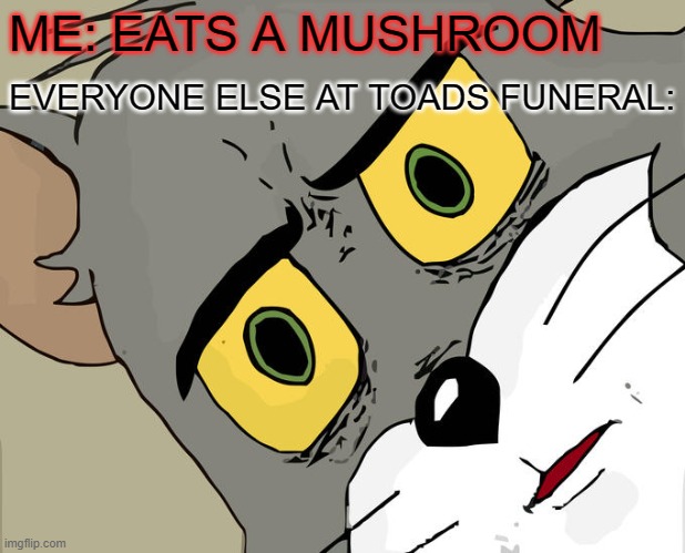 Boi | ME: EATS A MUSHROOM; EVERYONE ELSE AT TOADS FUNERAL: | image tagged in memes,unsettled tom | made w/ Imgflip meme maker