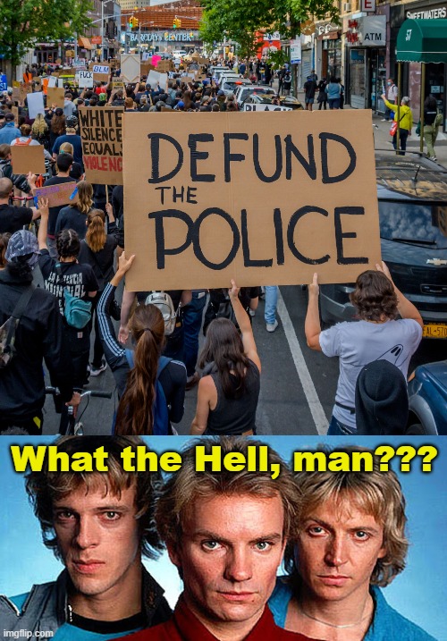 Sting Has to Make a Living Too, You Know | What the Hell, man??? | image tagged in police,defund,sting | made w/ Imgflip meme maker