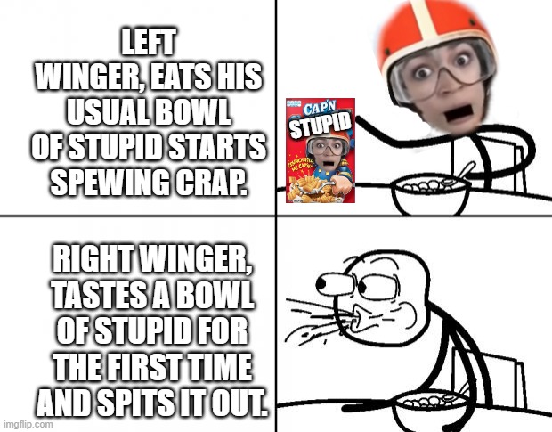 HAVE YOU HAD YOUR BOWL OF STUPID TODAY? | LEFT WINGER, EATS HIS USUAL BOWL OF STUPID STARTS SPEWING CRAP. STUPID; RIGHT WINGER, TASTES A BOWL OF STUPID FOR THE FIRST TIME AND SPITS IT OUT. | image tagged in blank cereal guy,capn stupid,aoc,left wing,right wing | made w/ Imgflip meme maker
