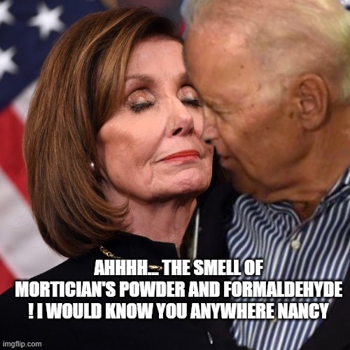 Joe Biden sniffing Pelosi | AHHHH... THE SMELL OF MORTICIAN'S POWDER AND FORMALDEHYDE ! I WOULD KNOW YOU ANYWHERE NANCY | image tagged in joe biden sniffing pelosi,joe biden,election 2020,democrats | made w/ Imgflip meme maker