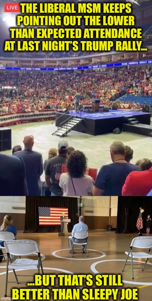 And this is just the beginning. The war is only just heating up. | THE LIBERAL MSM KEEPS POINTING OUT THE LOWER THAN EXPECTED ATTENDANCE AT LAST NIGHT’S TRUMP RALLY... ...BUT THAT’S STILL BETTER THAN SLEEPY JOE | image tagged in joe biden,trump rally,election 2020,mainstream media | made w/ Imgflip meme maker