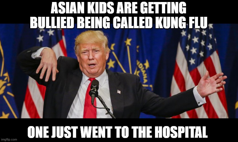 This idiot has to go | ASIAN KIDS ARE GETTING BULLIED BEING CALLED KUNG FLU; ONE JUST WENT TO THE HOSPITAL | image tagged in memes,racism,maga,blm,donald trump is an idiot,impeach trump | made w/ Imgflip meme maker