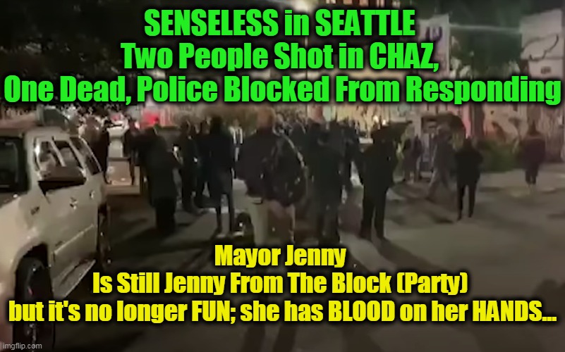 CHOP CHOP | SENSELESS in SEATTLE 
Two People Shot in CHAZ, 
One Dead, Police Blocked From Responding; Mayor Jenny 
Is Still Jenny From The Block (Party) 
but it's no longer FUN; she has BLOOD on her HANDS... | image tagged in politics,political meme,democratic socialism,liberalism,crazy liberals,liberals | made w/ Imgflip meme maker