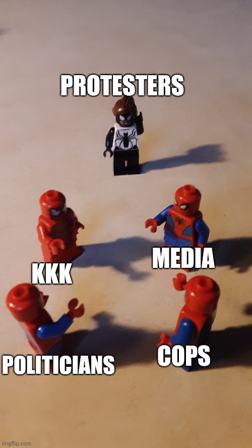 Great Power = Great Responsibility | PROTESTERS; MEDIA; KKK; COPS; POLITICIANS | image tagged in cops kkk politicans media - and protesters | made w/ Imgflip meme maker