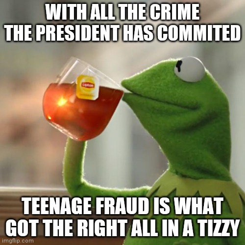 But That's None Of My Business | WITH ALL THE CRIME THE PRESIDENT HAS COMMITED; TEENAGE FRAUD IS WHAT GOT THE RIGHT ALL IN A TIZZY | image tagged in memes,but that's none of my business,kermit the frog | made w/ Imgflip meme maker