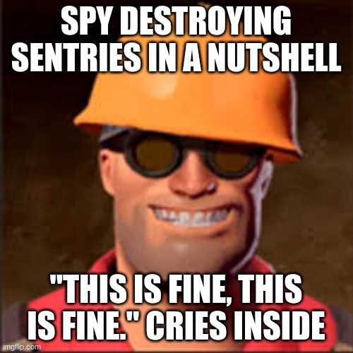 SPY DESTROYING SENTRIES IN A NUTSHELL "THIS IS FINE, THIS IS FINE." CRIES INSIDE | made w/ Imgflip meme maker