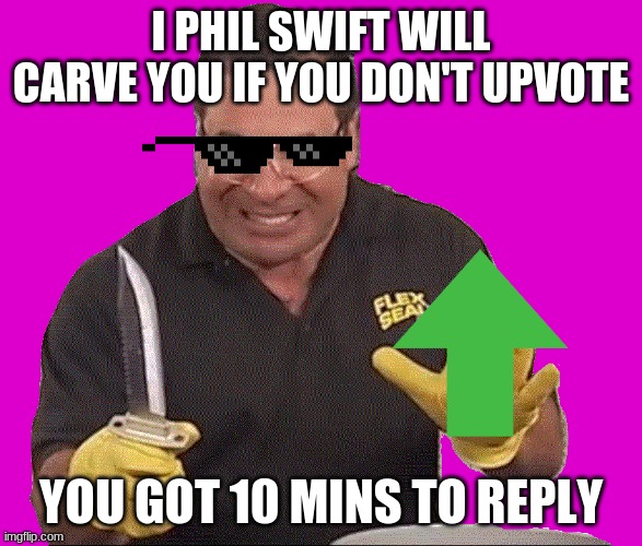 Upvote or Phil swift will find you | I PHIL SWIFT WILL CARVE YOU IF YOU DON'T UPVOTE YOU GOT 10 MINS TO REPLY | image tagged in phil swift,upvote | made w/ Imgflip meme maker