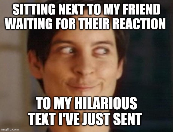 Spiderman Peter Parker Meme | SITTING NEXT TO MY FRIEND WAITING FOR THEIR REACTION; TO MY HILARIOUS TEXT I'VE JUST SENT | image tagged in memes,spiderman peter parker | made w/ Imgflip meme maker