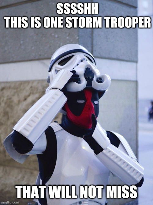 DEADPOOL IN DISGUISE | SSSSHH
THIS IS ONE STORM TROOPER; THAT WILL NOT MISS | image tagged in disguise,deadpool,storm trooper,superheroes | made w/ Imgflip meme maker