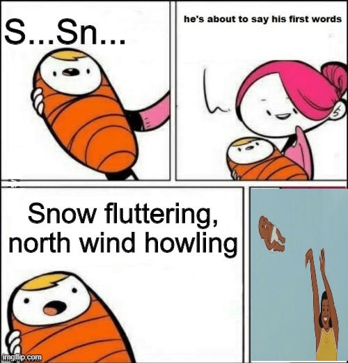 Translation of "Xue Hua Piao Piao-Chinese Meme" | S...Sn... Snow fluttering, north wind howling | image tagged in baby first words,translation,yeet baby | made w/ Imgflip meme maker