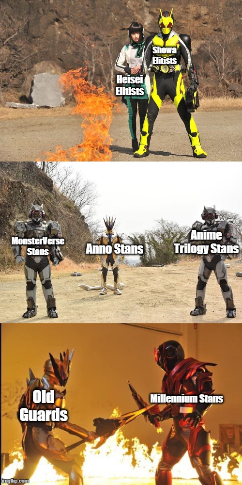 Showa Elitists; Heisei Elitists; Anime Trilogy Stans; MonsterVerse Stans; Anno Stans; Millennium Stans; Old Guards | image tagged in jack rising a falcon,the return | made w/ Imgflip meme maker