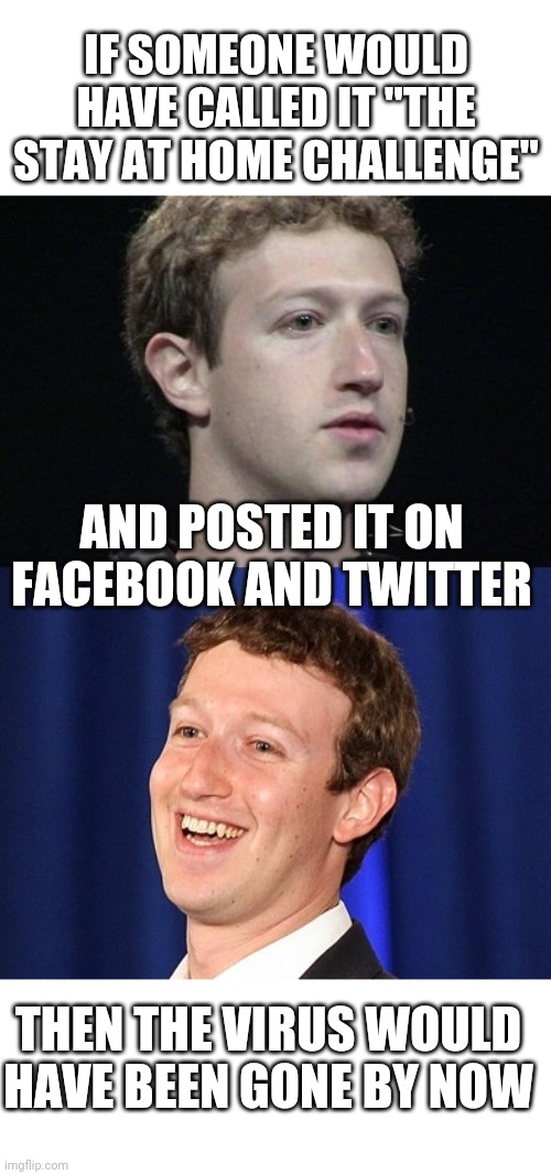 MAINSTREAM MEDIA COULD HAVE DONE SOMETHING GOOD FOR ONCE | IF SOMEONE WOULD HAVE CALLED IT "THE STAY AT HOME CHALLENGE"; AND POSTED IT ON FACEBOOK AND TWITTER; THEN THE VIRUS WOULD HAVE BEEN GONE BY NOW | image tagged in memes,zuckerberg,facebook,covid-19,politics | made w/ Imgflip meme maker