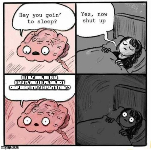 Brain Sleep Meme | IF THEY HAVE VIRTUAL REALITY, WHAT IF WE ARE JUST SOME COMPUTER GENERATED THING? | image tagged in brain sleep meme | made w/ Imgflip meme maker