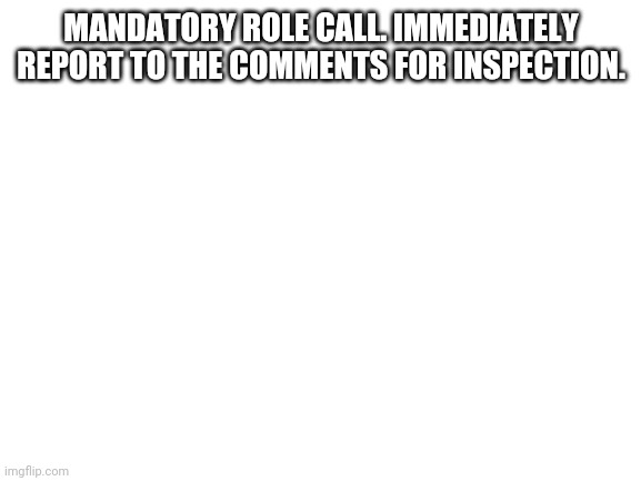 Blank White Template | MANDATORY ROLE CALL. IMMEDIATELY REPORT TO THE COMMENTS FOR INSPECTION. | image tagged in blank white template | made w/ Imgflip meme maker