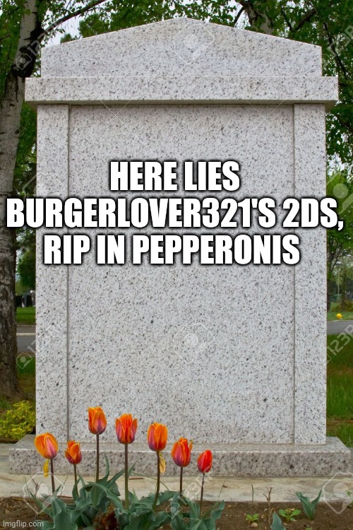 Its not a user, but, im still sad | HERE LIES BURGERLOVER321'S 2DS, RIP IN PEPPERONIS | image tagged in blank gravestone | made w/ Imgflip meme maker