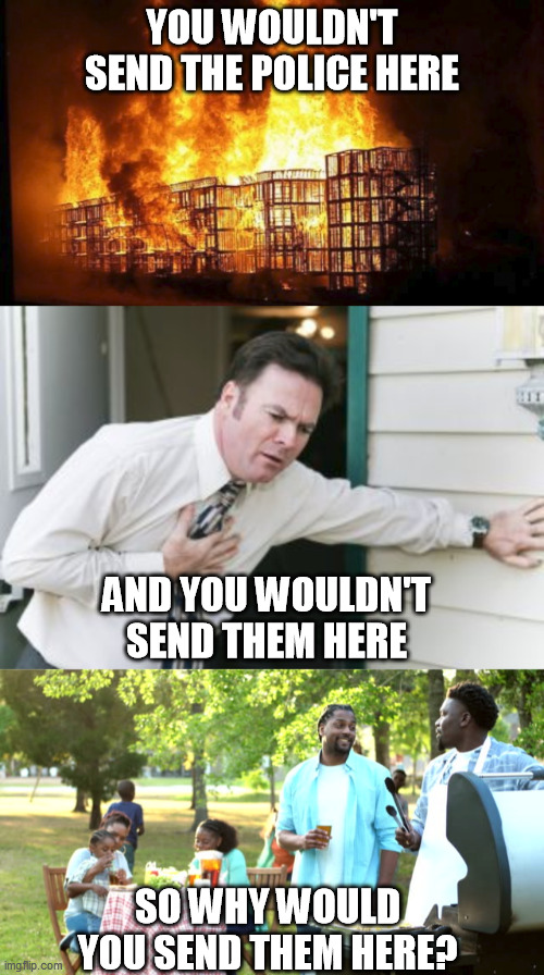 send the cops | YOU WOULDN'T SEND THE POLICE HERE; AND YOU WOULDN'T SEND THEM HERE; SO WHY WOULD YOU SEND THEM HERE? | image tagged in burning building,heart attack,family bbq | made w/ Imgflip meme maker