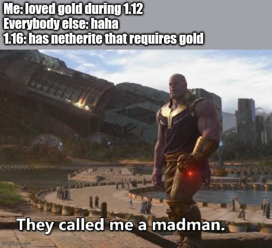 Thanos they called me a madman | Me: loved gold during 1.12
Everybody else: haha
1.16: has netherite that requires gold | image tagged in thanos they called me a madman | made w/ Imgflip meme maker