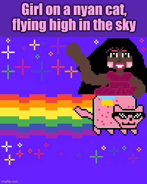 Nyan cat pixel drawing | Girl on a nyan cat, flying high in the sky | image tagged in nyan cat,nyan,drawing,drawings,artwork,art | made w/ Imgflip meme maker