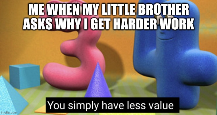 You simply have less value | ME WHEN MY LITTLE BROTHER ASKS WHY I GET HARDER WORK | image tagged in you simply have less value | made w/ Imgflip meme maker