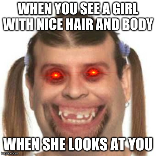 HWAEUAWOHEJ part 2 | WHEN YOU SEE A GIRL WITH NICE HAIR AND BODY; WHEN SHE LOOKS AT YOU | image tagged in disaster girl | made w/ Imgflip meme maker