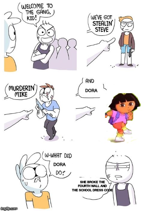 What did Dora Do? (I had a hard time editing Dora) | DORA; DORA; SHE BROKE THE FOURTH WALL AND THE SCHOOL DRESS CODE | image tagged in crimes johnson,dora the explorer,dora,fourth wall,dress code | made w/ Imgflip meme maker