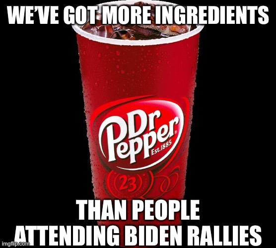 23 dr. Pepper | WE’VE GOT MORE INGREDIENTS; THAN PEOPLE ATTENDING BIDEN RALLIES | image tagged in dr pepper,funny,memes | made w/ Imgflip meme maker