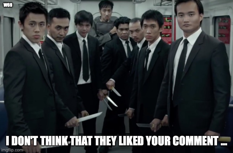 W69; I DON'T THINK THAT THEY LIKED YOUR COMMENT ... | image tagged in fun,knives | made w/ Imgflip meme maker