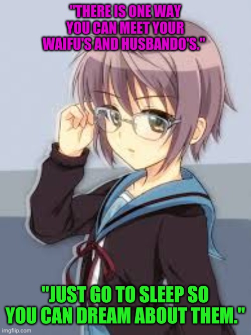 Haruhi Suzumiya  Nagato Yuki | "THERE IS ONE WAY YOU CAN MEET YOUR WAIFU'S AND HUSBANDO'S."; "JUST GO TO SLEEP SO YOU CAN DREAM ABOUT THEM." | image tagged in haruhi suzumiya nagato yuki | made w/ Imgflip meme maker