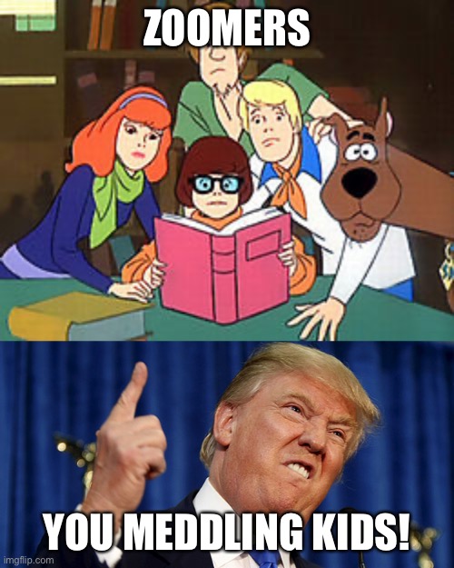 Trump | ZOOMERS; YOU MEDDLING KIDS! | image tagged in donald trump,trump,gop | made w/ Imgflip meme maker