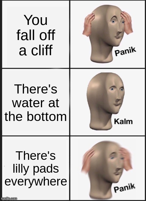 .. | You fall off a cliff; There's water at the bottom; There's lilly pads everywhere | image tagged in memes,panik kalm panik | made w/ Imgflip meme maker