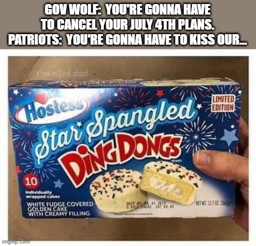 Wolf July 4th | GOV WOLF:  YOU'RE GONNA HAVE TO CANCEL YOUR JULY 4TH PLANS.
PATRIOTS:  YOU'RE GONNA HAVE TO KISS OUR... | image tagged in july4th | made w/ Imgflip meme maker