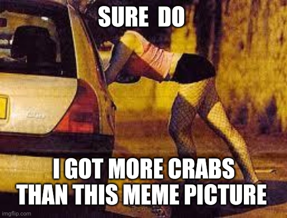 Prostitutes too expensive | SURE  DO I GOT MORE CRABS THAN THIS MEME PICTURE | image tagged in prostitutes too expensive | made w/ Imgflip meme maker