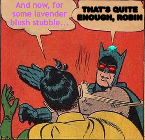 Get This Thing Off My Head | And now, for some lavender blush stubble... THAT'S QUITE ENOUGH, ROBIN | image tagged in memes,batman slapping robin,look at me,see nobody cares,one does not simply,speechless stickman | made w/ Imgflip meme maker
