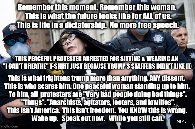 This is who scares trump. What a man. | Remember this moment. Remember this woman. 
 This is what the future looks like for ALL of us.
 This is life in a dictatorship.  No more free speech. THIS PEACEFUL PROTESTER ARRESTED FOR SITTING & WEARING AN
 "I CAN'T BREATHE" T-SHIRT JUST BECAUSE TRUMP'S STAFFERS DIDN'T LIKE IT. This is what frightens trump more than anything. ANY dissent.  
This is who scares him. One peaceful woman standing up to him. 
To him, all  protesters are "Very bad people doing bad things".
 "Thugs". "Anarchists, agitators, looters, and lowlifes".
This isn't America.  This isn't freedom.  You KNOW this is wrong. 
Wake up.   Speak out now.   While you still can. NLG | image tagged in politics,political meme,political | made w/ Imgflip meme maker