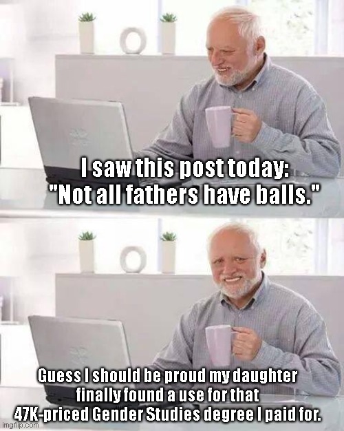 Happy Father's Day, Harold | I saw this post today: "Not all fathers have balls."; Guess I should be proud my daughter finally found a use for that 47K-priced Gender Studies degree I paid for. | image tagged in memes,hide the pain harold,fathers day,humor | made w/ Imgflip meme maker