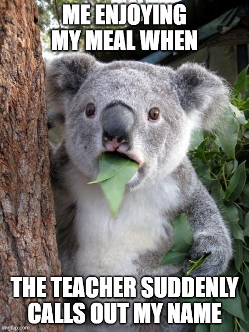 Surprised Koala | ME ENJOYING MY MEAL WHEN; THE TEACHER SUDDENLY CALLS OUT MY NAME | image tagged in memes,surprised koala | made w/ Imgflip meme maker