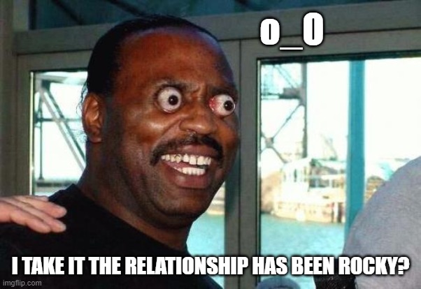 Bug Eyes | o_O I TAKE IT THE RELATIONSHIP HAS BEEN ROCKY? | image tagged in bug eyes | made w/ Imgflip meme maker