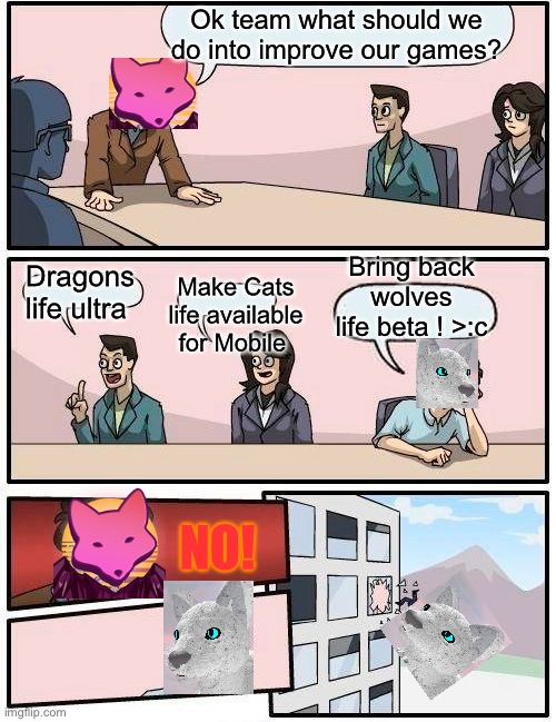 Lol Shyfoox boardroom meeting by FelineTack6124 | Ok team what should we do into improve our games? Bring back wolves life beta ! >:c; Dragons life ultra; Make Cats life available for Mobile; NO! | image tagged in memes,boardroom meeting suggestion | made w/ Imgflip meme maker