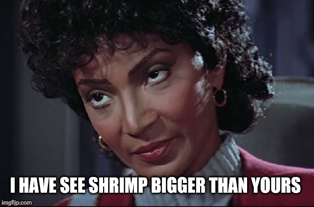 Uhura not amused | I HAVE SEE SHRIMP BIGGER THAN YOURS | image tagged in uhura not amused | made w/ Imgflip meme maker