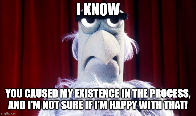 Sam the American Eagle | I KNOW YOU CAUSED MY EXISTENCE IN THE PROCESS, AND I'M NOT SURE IF I'M HAPPY WITH THAT! | image tagged in sam the american eagle | made w/ Imgflip meme maker