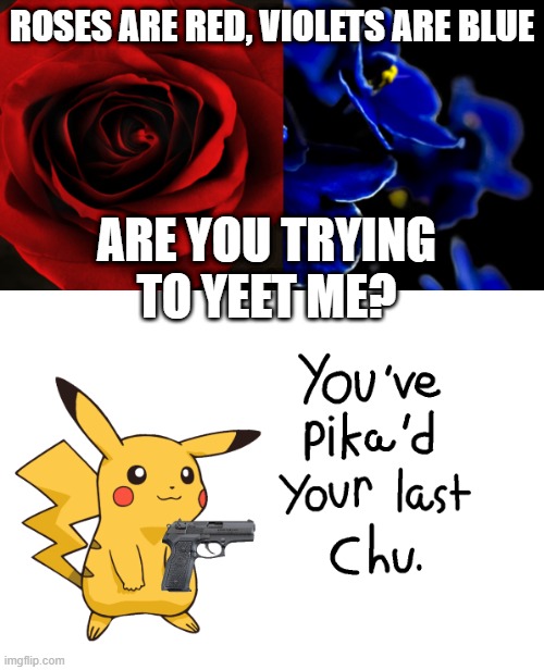 ROSES ARE RED, VIOLETS ARE BLUE; ARE YOU TRYING TO YEET ME? | image tagged in roses are red violets are blue,youve pikad your last chu | made w/ Imgflip meme maker