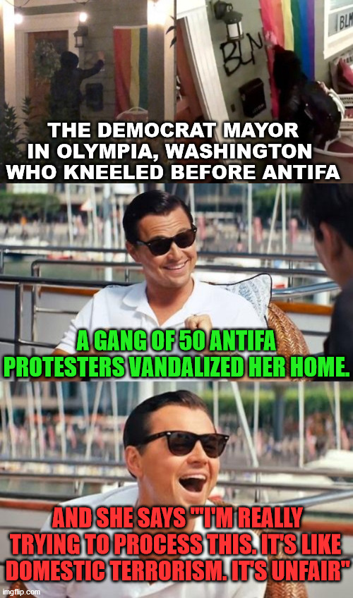 The mob is never satisfied. | THE DEMOCRAT MAYOR IN OLYMPIA, WASHINGTON 
WHO KNEELED BEFORE ANTIFA; A GANG OF 50 ANTIFA PROTESTERS VANDALIZED HER HOME. AND SHE SAYS "'I'M REALLY TRYING TO PROCESS THIS. IT'S LIKE 
DOMESTIC TERRORISM. IT'S UNFAIR" | image tagged in memes,leonardo dicaprio wolf of wall street | made w/ Imgflip meme maker