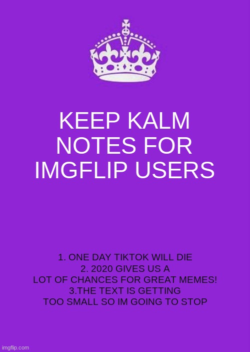 Keep Calm And Carry On Purple Meme | KEEP KALM NOTES FOR IMGFLIP USERS; 1. ONE DAY TIKTOK WILL DIE
2. 2020 GIVES US A LOT OF CHANCES FOR GREAT MEMES!
3.THE TEXT IS GETTING TOO SMALL SO IM GOING TO STOP | image tagged in memes,keep calm and carry on purple | made w/ Imgflip meme maker