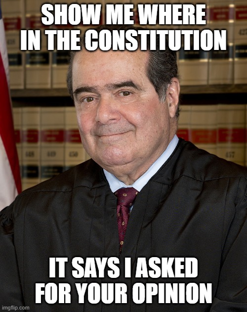 Originalism |  SHOW ME WHERE IN THE CONSTITUTION; IT SAYS I ASKED FOR YOUR OPINION | image tagged in scalia,supreme court,scotus | made w/ Imgflip meme maker