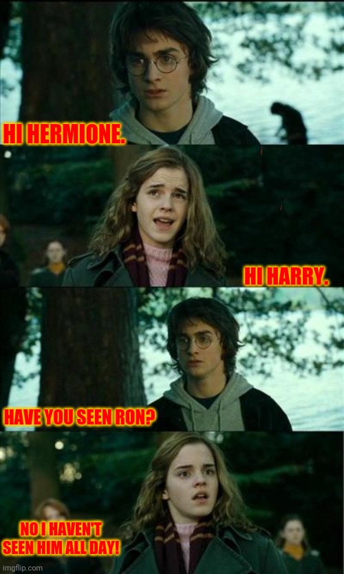 HI HERMIONE. HI HARRY. HAVE YOU SEEN RON? NO I HAVEN'T SEEN HIM ALL DAY! | image tagged in memes,horny harry | made w/ Imgflip meme maker