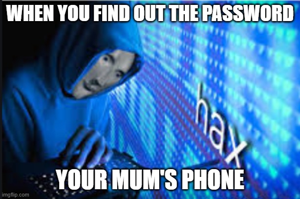 Hax | WHEN YOU FIND OUT THE PASSWORD; YOUR MUM'S PHONE | image tagged in hax | made w/ Imgflip meme maker