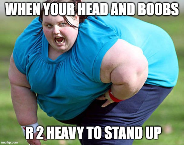Top Heavy | WHEN YOUR HEAD AND BOOBS; R 2 HEAVY TO STAND UP | image tagged in fat woman | made w/ Imgflip meme maker