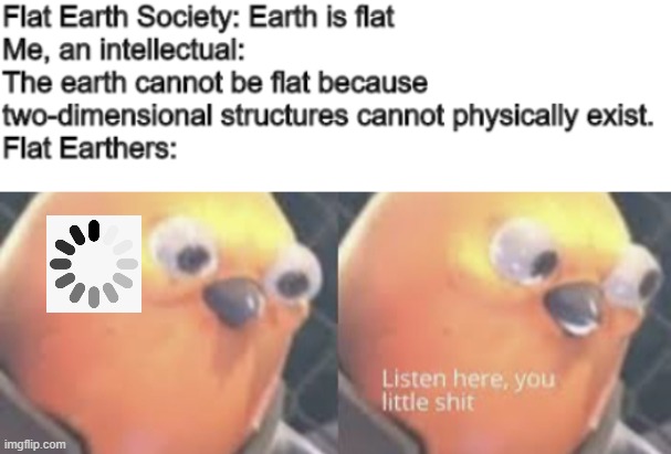 Hmmmm | image tagged in listen here you little shit bird,flat earth | made w/ Imgflip meme maker