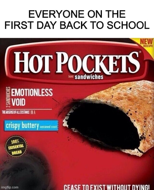 hot pockets : emotionless void | EVERYONE ON THE FIRST DAY BACK TO SCHOOL | image tagged in hot pocketsemotionless void | made w/ Imgflip meme maker